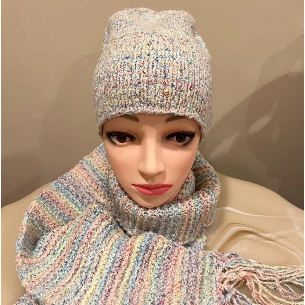 Handmade Knit Women's Hat and Scarf Set Multi-Color Pastel Confetti Winter Warm